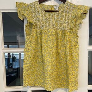 J. Crew 100% Cotton Yellow Floral Ruffle Sleeve Blouse
